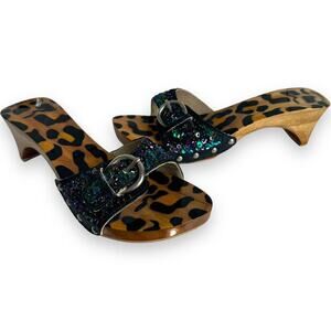 Woodies Wood Sequin Animal Print Slip On Open Toe Shoe Sandal Heels Size 6